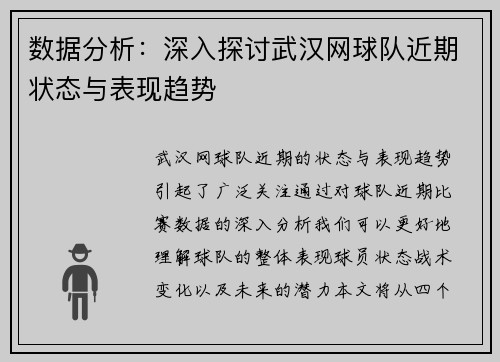 数据分析：深入探讨武汉网球队近期状态与表现趋势