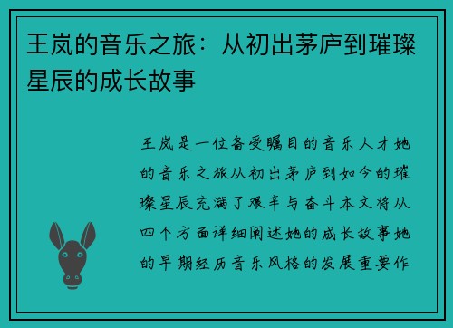 王岚的音乐之旅：从初出茅庐到璀璨星辰的成长故事